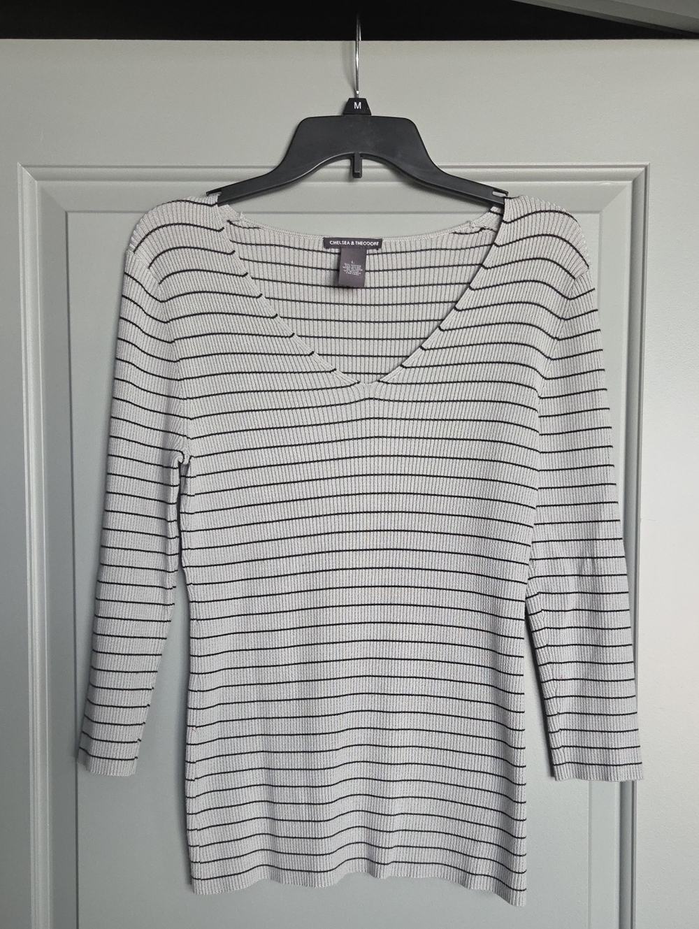 Chelsea & Theodore Gray and Black Ribbed V-Neck Top